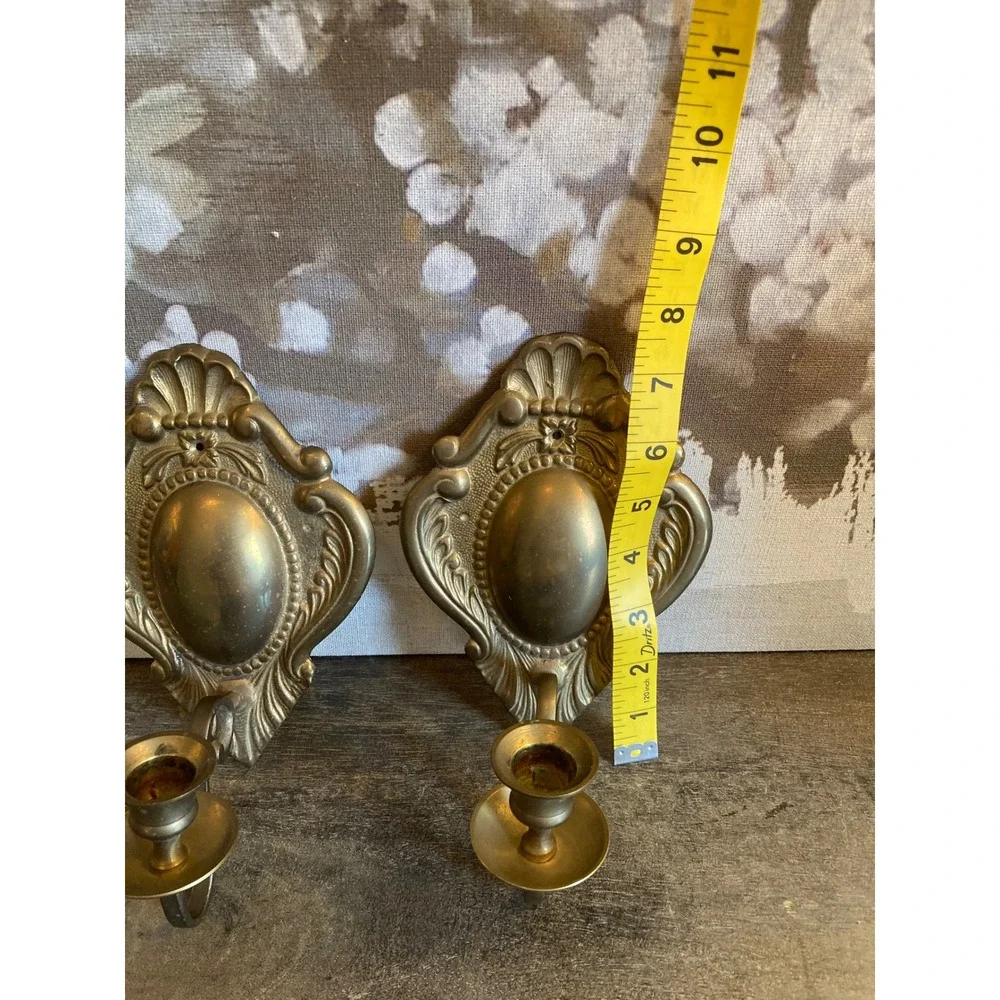 Vintage Ornate Solid Brass Wall Sconces Pair Rococo Shell Scroll Candle Holders